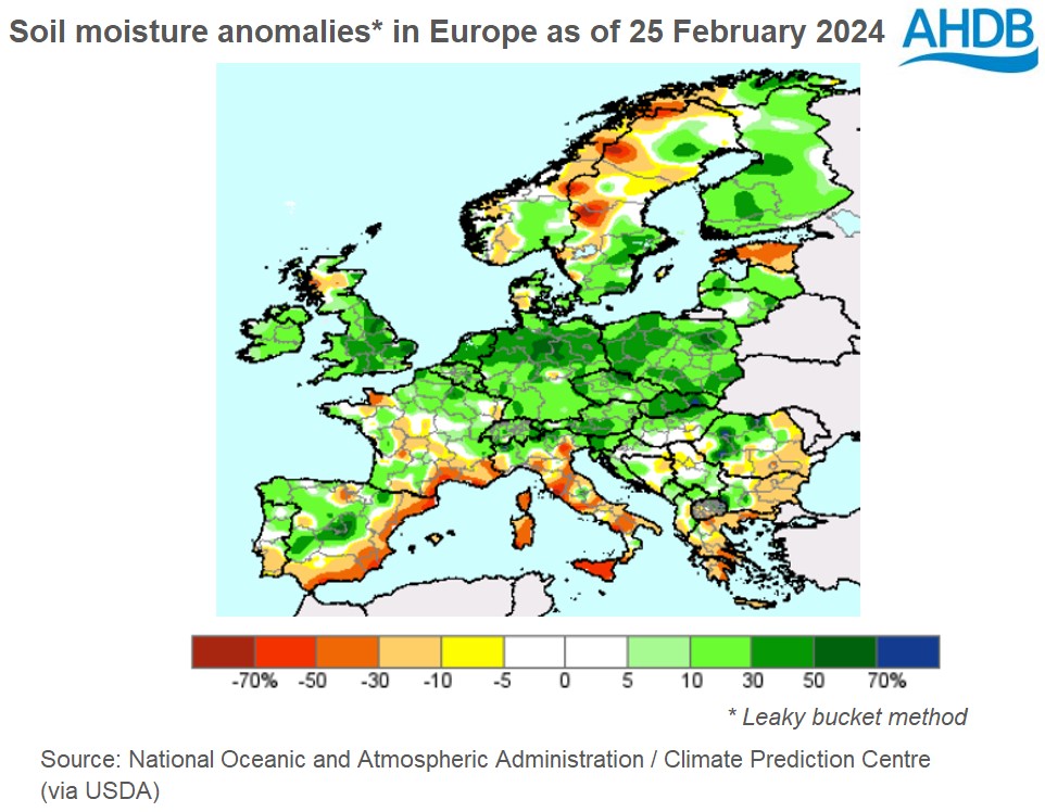 Map showing soil moisture anomalies across Europe as of 25 February 2024 